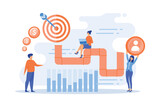 Fototapeta  - Sales reps and managers analyze sales pipeline. Sales pipeline management, representation of sales prospects, customer prospects lifecycle concept, flat vector modern illustration
