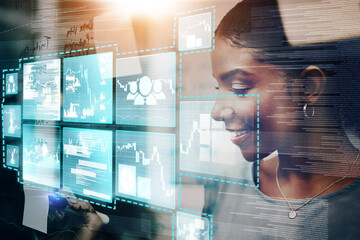 Poster - Technology, future and business woman brainstorming with sticky notes on a glass screen in modern office. Vision, futuristic tech and black woman with ideas for corporate company in business meeting