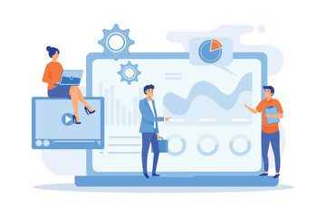 Data analysis, business analytics, SMM strategy. Analysts team working. Social media dashboard, online marketing interface, social media metrics concept, flat vector modern illustration