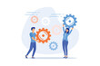 © Alwie99d - teamwork on finding new ideas, little people launch a mechanism, search for new solutions, creative work, flat vector modern illustration