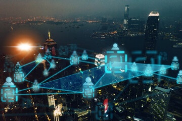 Poster - Smart city, iot network and cloud computing, night drone or aerial view of buildings or skyscrapers. Overlay, infrastructure or web connection, networking icons or future big data or futuristic nodes