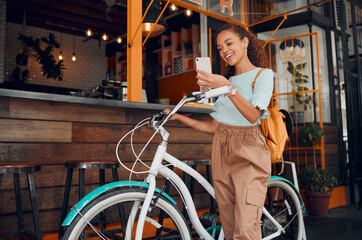 Sticker - Woman, happy and bike with phone at cafe on travel in city with bag. Black woman, smartphone and smile for communication, meme or social media on app with bicycle at coffee shop in San Francisco