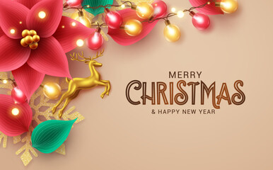Wall Mural - Christmas vector background design. Merry christmas greeting text with xmas poinsettia, colorful lights and gold snowflakes decoration elements. Vector Illustration.