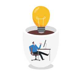 Coffee break with light bulb idea. Creativity or new Inspiration. work with hot drink. Planning with brainstorming. Employees sit and drink coffee in a giant cup.