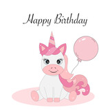 Fototapeta Kwiaty - Unicorn baby with a balloon. Happy birthday text.