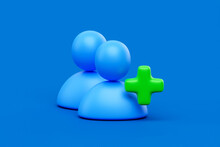 Social Add Friend Contact 3d Icon On Online Communication Blue Background With User Person Member Avatar Symbol Or Business Community Profile Account Sign And Internet Connection New Follower Concept.