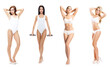 © Acronym - Young, fit, happy and beautiful blond woman in white swimsuit isolated on white background - set collection. Healthcare, diet, sport and fitness.