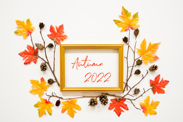 Wall Mural - Colorful Autumn Leaf Decoration, Frame, Text Autumn 2022