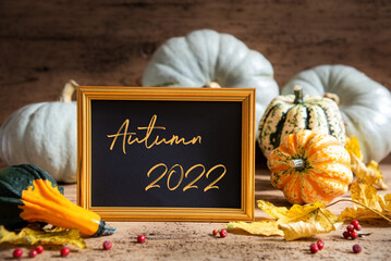 Wall Mural - autumn pumpkin decoration, text autumn 2022, golden frame