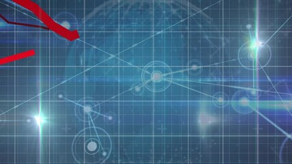 Poster - Animation of red graphs moving over globe and network of connections and light spots