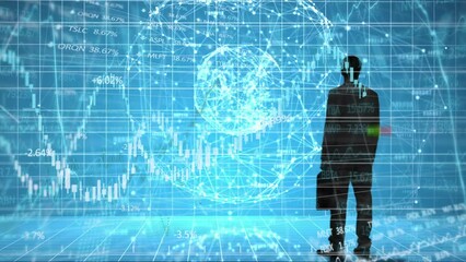 Poster - Animation of rainbow lens flare over silhouette of businessman and globe of network of connections