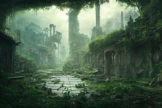 abandoned ruin building in forest 3d illustration