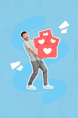 Sticker - Collage photo of young funny excited positive student marketolog man hold stack likes blogger share youtube channel isolated on blue color background