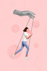 Aufkleber - Vertical collage image of big arm fingers black white effect hold strings puppet girl use telephone isolated on creative background