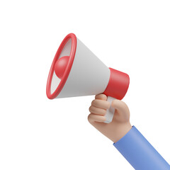 3d hand gestures icon cartoon hold red megaphone loudspeaker isolated on white background. 3d illustration render 