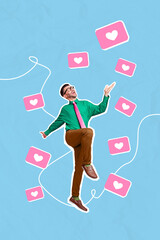 Canvas Print - Vertical collage image of excited positive guy overjoyed drawing like heart notifications isolated on painted background