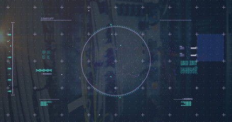 Poster - Image of scope scanning with icons and data processing over server room