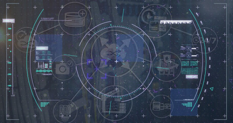 Poster - Image of scope scanning with icons and data processing over server room