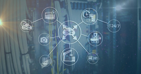 Poster - Image of scope scanning with icons and data processing over server room