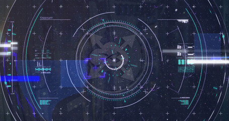 Poster - Image of scope scanning with icons and data processing over server room