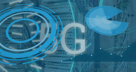 Poster - Image of scope scanning with 5g text and data processing over server room