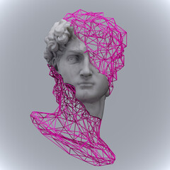 abstract illustration from 3d rendering of a broken head fragment made of white marble of a classica