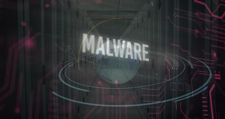Poster - Animation of malware text and data processing over computer motherboard and servers