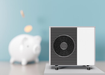 Wall Mural - Air heat pump and piggy bank on blue background. Modern, environmentally friendly heating. Save your money with air source heat pump. Free, copy space for your text, advertising. 3d render.