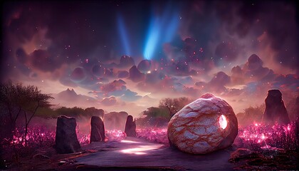 Canvas Print - Magic portal in a rock or alien planet with flying stones around on gray pink smoky background 3d illustration