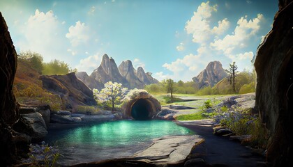 Poster - Cave entrance in mountains with landscape view of green grass, river, rocks and blue sky with white clouds 3d illustration