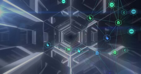 Poster - Animation of network of connections with icons over neon tunnel