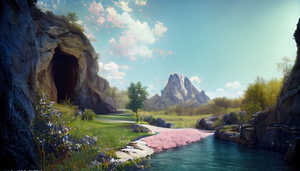Poster - Cave entrance in mountains with landscape view of green grass, river, rocks and blue sky with white clouds 3d illustration