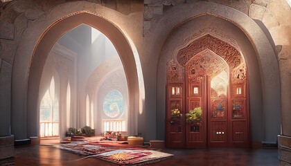 Islamic or Arabic windows of a mosque, castle or palace with green flowers at the entrance 3d illustration