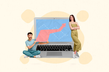 Poster - Collage artwork graphics picture of happy smiling boyfriend girlfriend working modern device isolated painting background