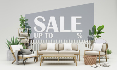 Poster - outdoor concept Sale of home decorations and furniture During promotions and discounts, it is surrounded by table, chair, armchairs and advertising spaces banner. pastel background. 3d render