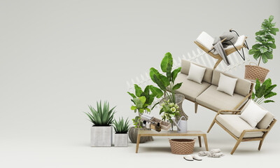 Poster - outdoor concept Sale of home decorations and furniture During promotions and discounts, it is surrounded by table, chair, armchairs and advertising spaces banner. pastel background. 3d render