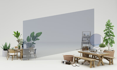 Poster - outdoor concept Sale of home decorations and furniture During promotions and discounts, it is surrounded by table, chair, armchairs and advertising spaces banner. pastel background. 3d render