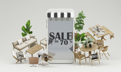 Poster - outdoor concept Sale of home decorations and furniture During promotions and discounts, it is surrounded by table, chair, armchairs and advertising spaces banner. pastel background. 3d render