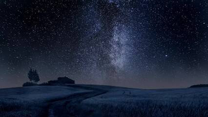 Wall Mural - timelapse of milky way, road and fields in italy
