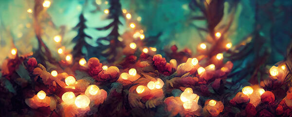Wall Mural - abstract christmas fairy lights with magical forest in background