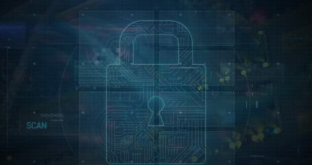 Poster - Illustration of padlock with circuit board pattern over programming language and geometric shapes