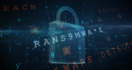 Poster - Illustration of padlock with multiple words, numbers and letters over grid background