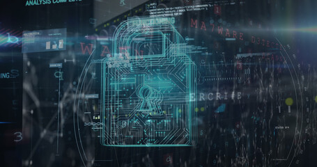 Poster - Composite of programming language and padlock over network server room