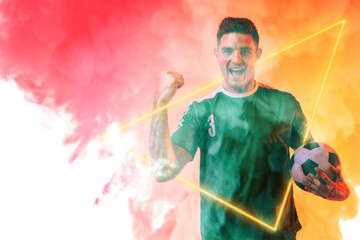 Wall Mural - Male caucasian player holding ball and screaming with illuminated triangle over neon background