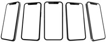 Smartphone mockup similar to iphone 12 isolated with transparent screen png in different viewing angles
