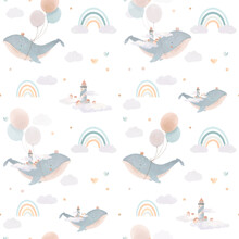 Beautiful Vector Children Seamless Pattern Contain Cute Watercolor Flying Whales With Air Balloons Lighthouses Clouds And Rainbows. Stock Illustration.