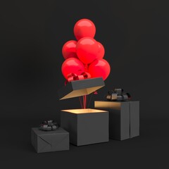 Poster - black color gift box with red balloon opening on black background. 3d render. minimal christmas idea