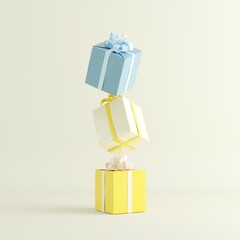 Fototapete - Yellow and Blue gift box stacked on pink background. 3D render. minimal Christmas idea concept.
