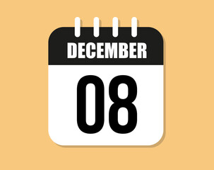 8 day december icon. Black and white december month calendar vector on orange background.