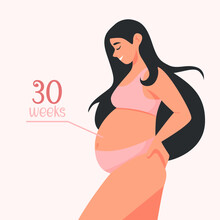 Pregnancy Calendar Weeks Concept. Stages Of Pregnancy. Pregnant Woman Holds Her Belly. Happy, Healthy Pregnancy And Motherhood Banner. Happy Mother's Day. Flat Cartoon Vector Illustration.